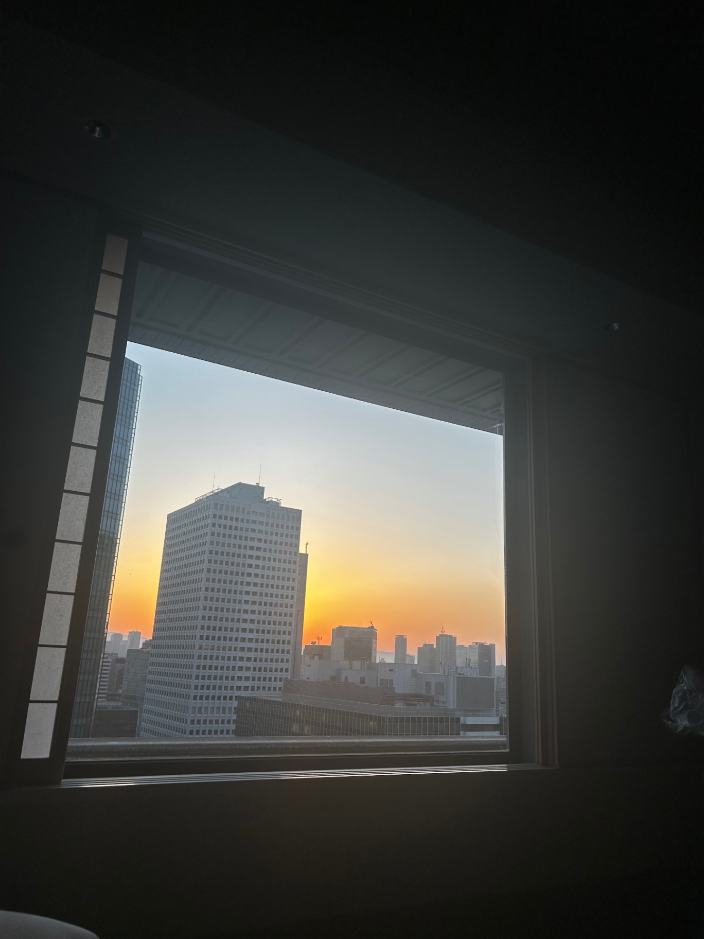 Tokyo skyline at sunrise framed by a hotel window