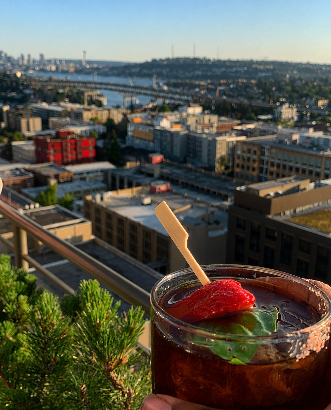 Cocktail with Seattle skyline in the background