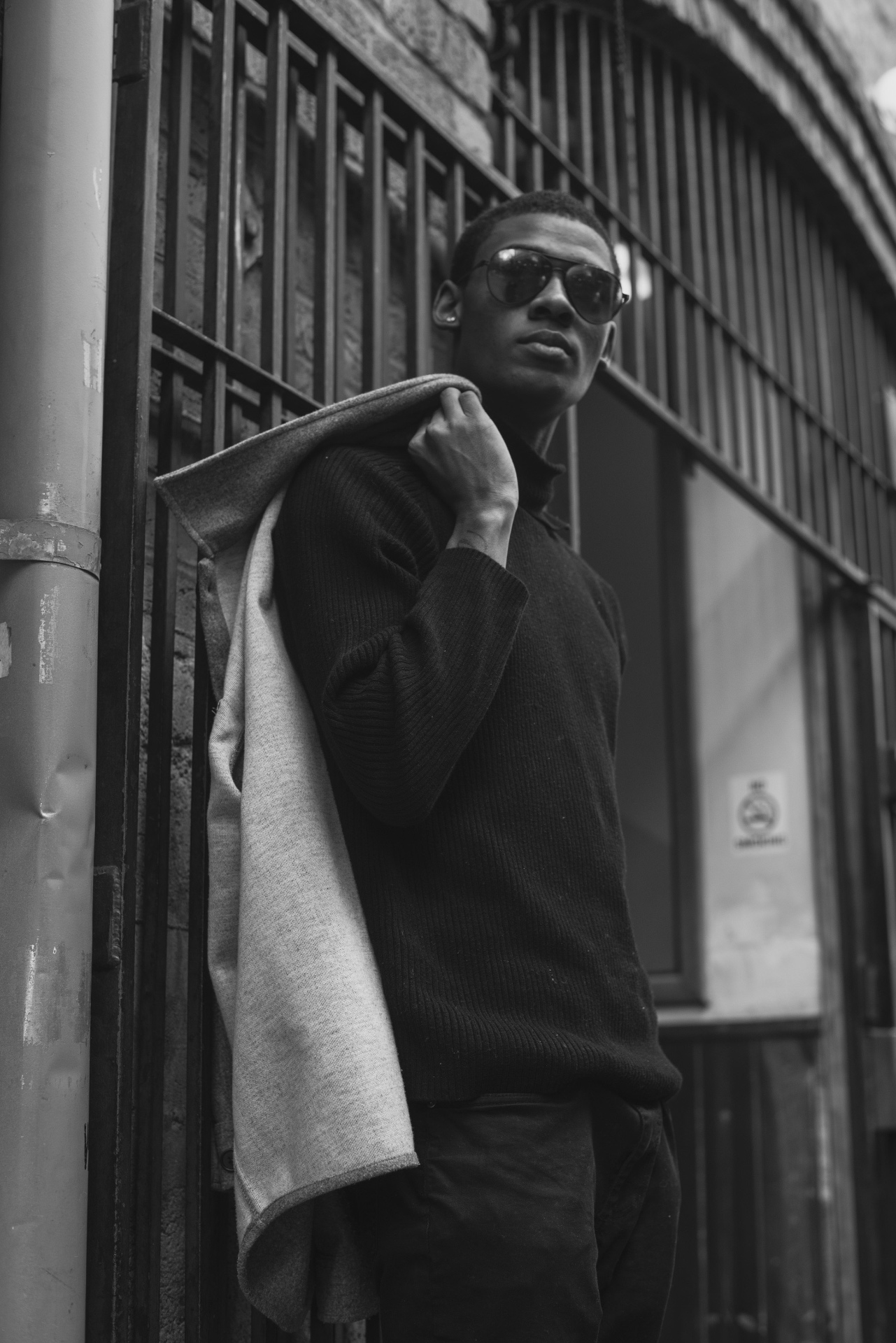 Aviators, alley, monochrome