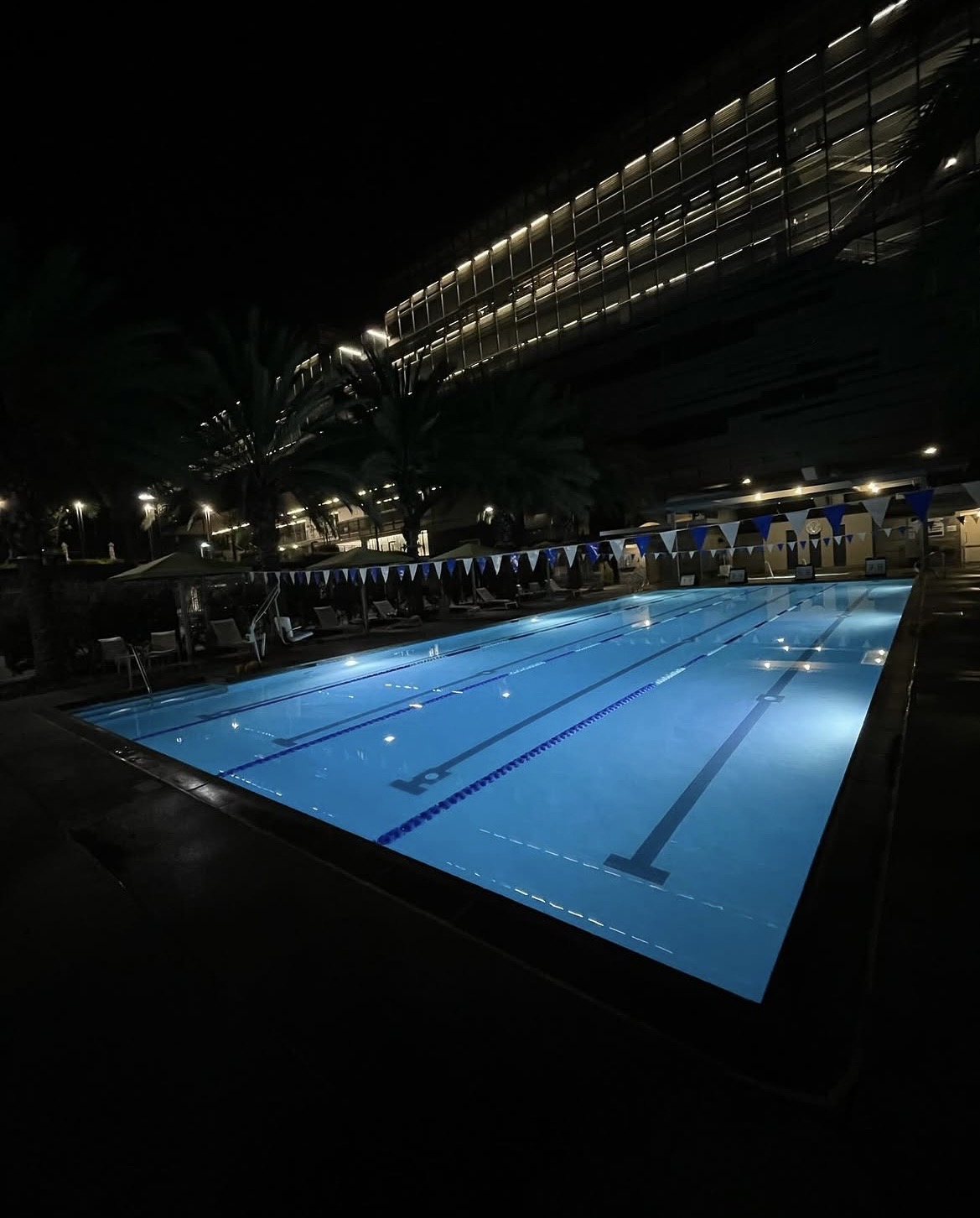 Lit pool at night on a college campus