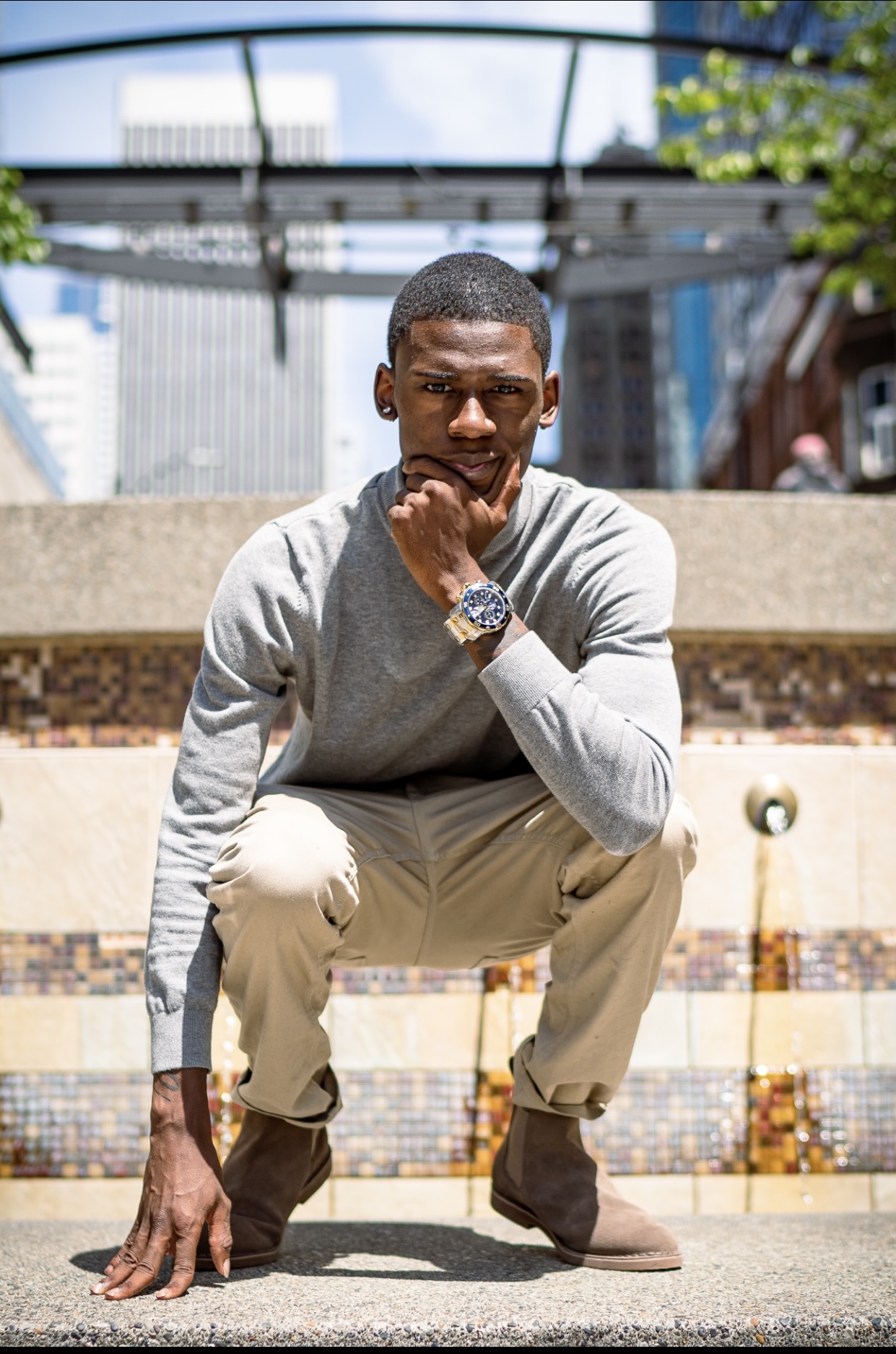 Crouched portrait, downtown